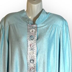 Vtg It's A Charm Sz X Blue Housecoat Snap Front Robe Embroidered Pockets Brushed